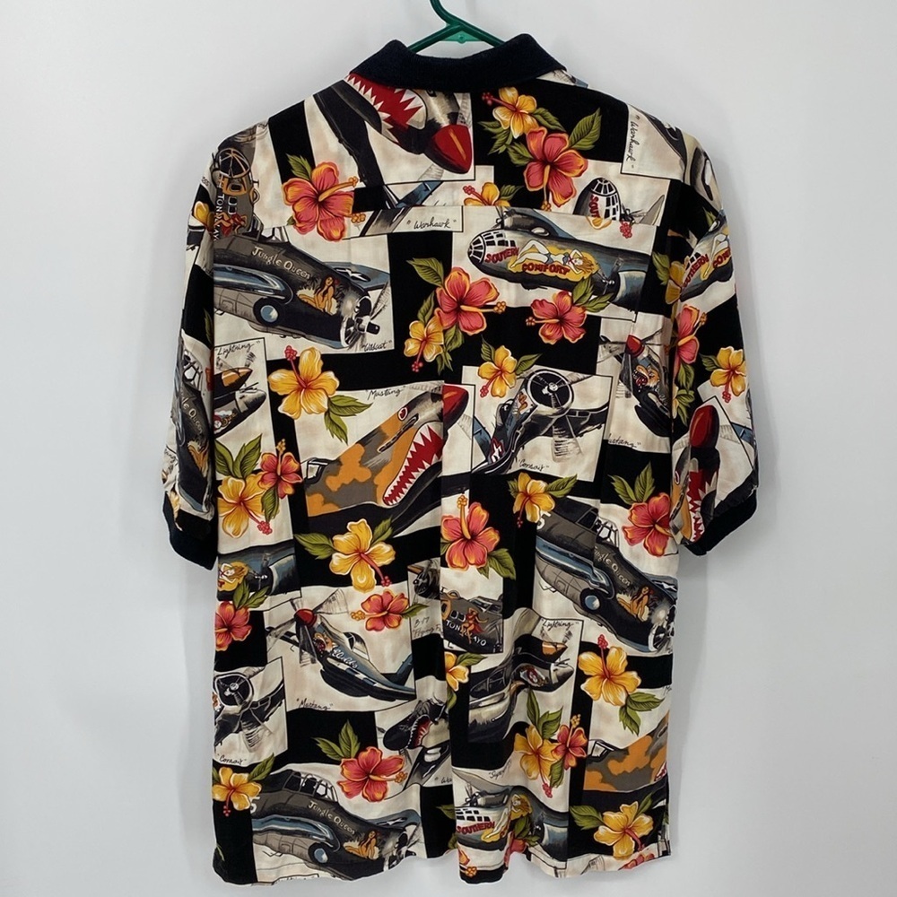 Vintage Hawaiian Shirt War Planes Pin-Up Girls Floral View 5